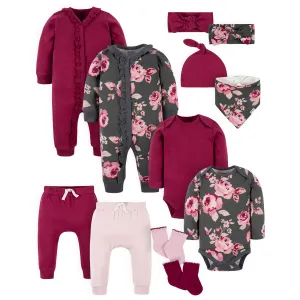 12-Piece Baby Girls Floral & Wine Playwear Bundle