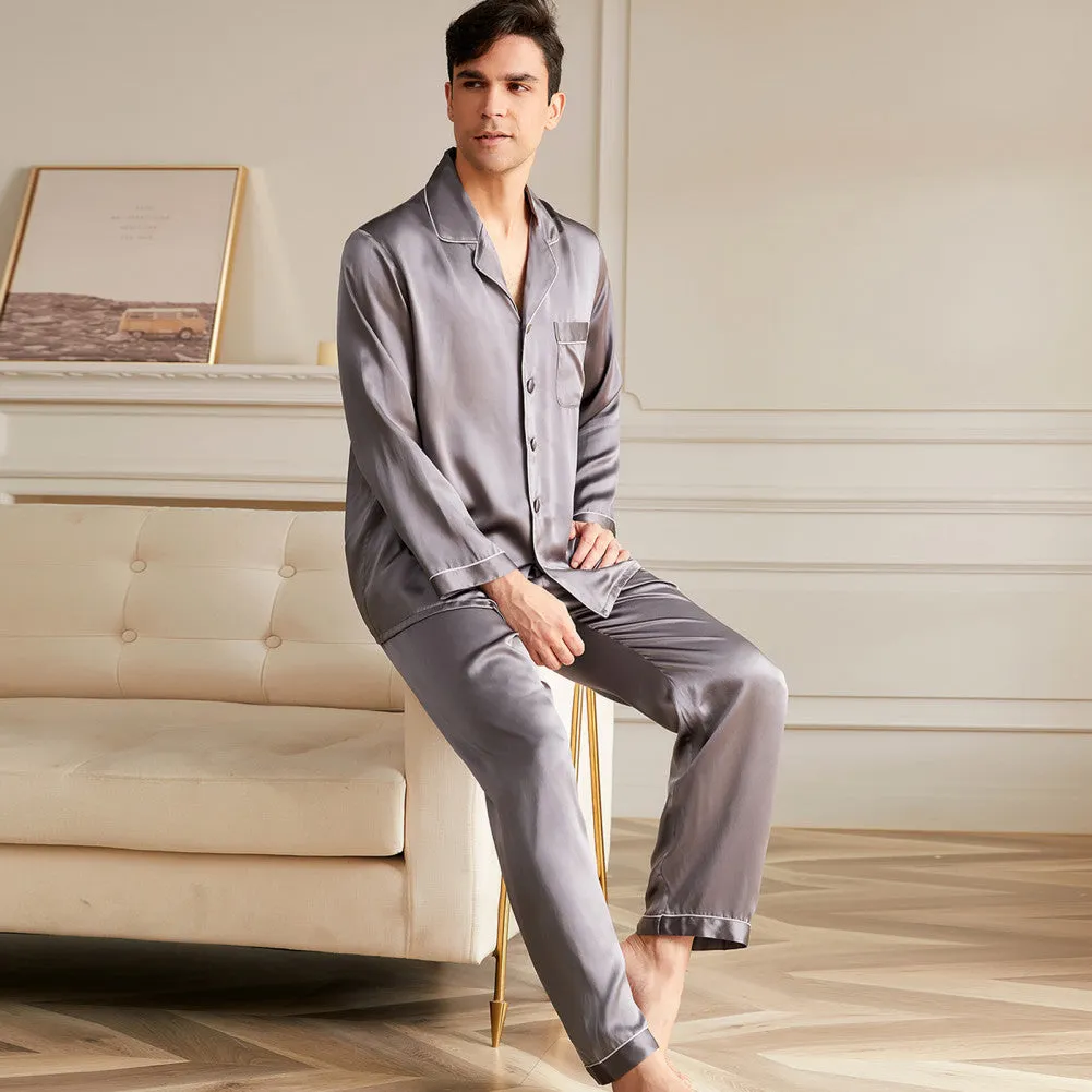 19 Momme Men's V Neck Lapel Collar Silk Pajamas Set