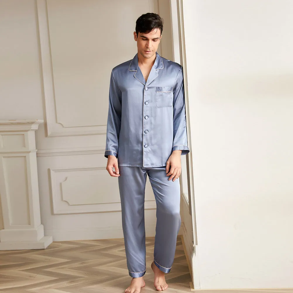 19 Momme Men's V Neck Lapel Collar Silk Pajamas Set