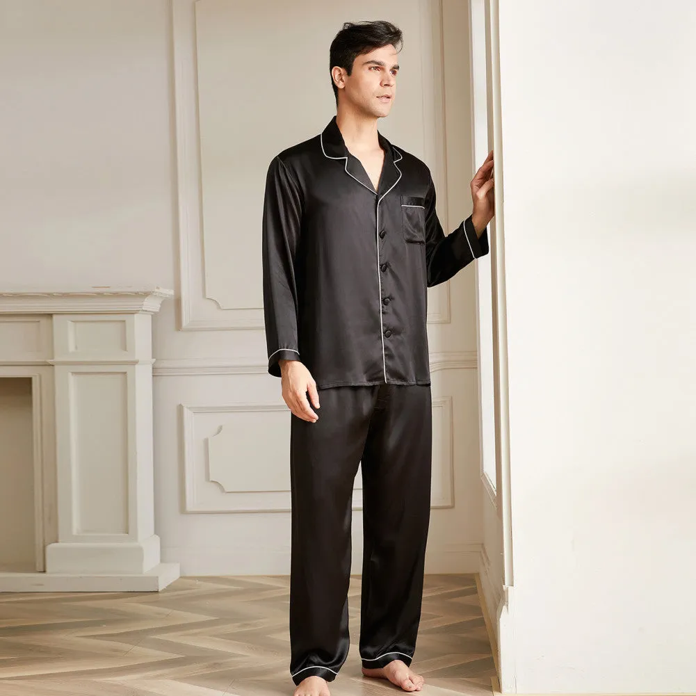 19 Momme Men's V Neck Lapel Collar Silk Pajamas Set