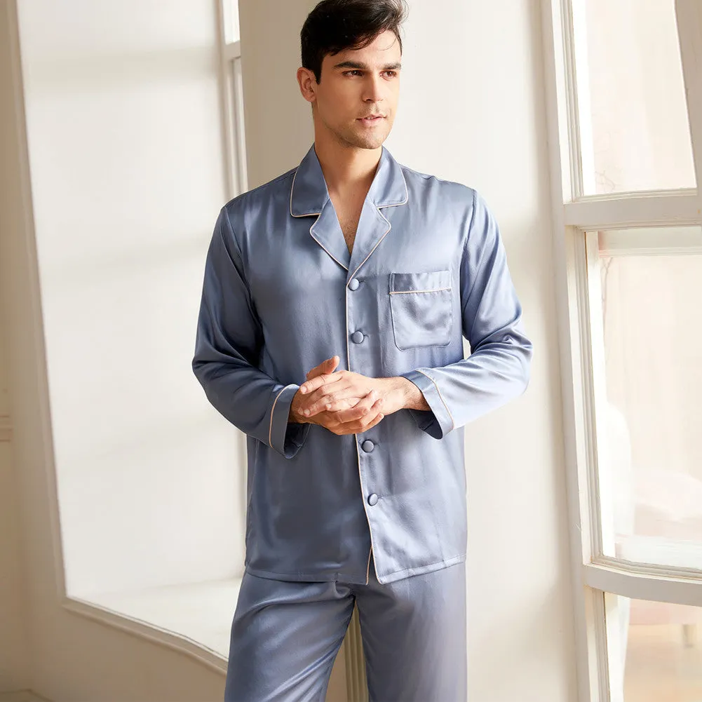 19 Momme Men's V Neck Lapel Collar Silk Pajamas Set