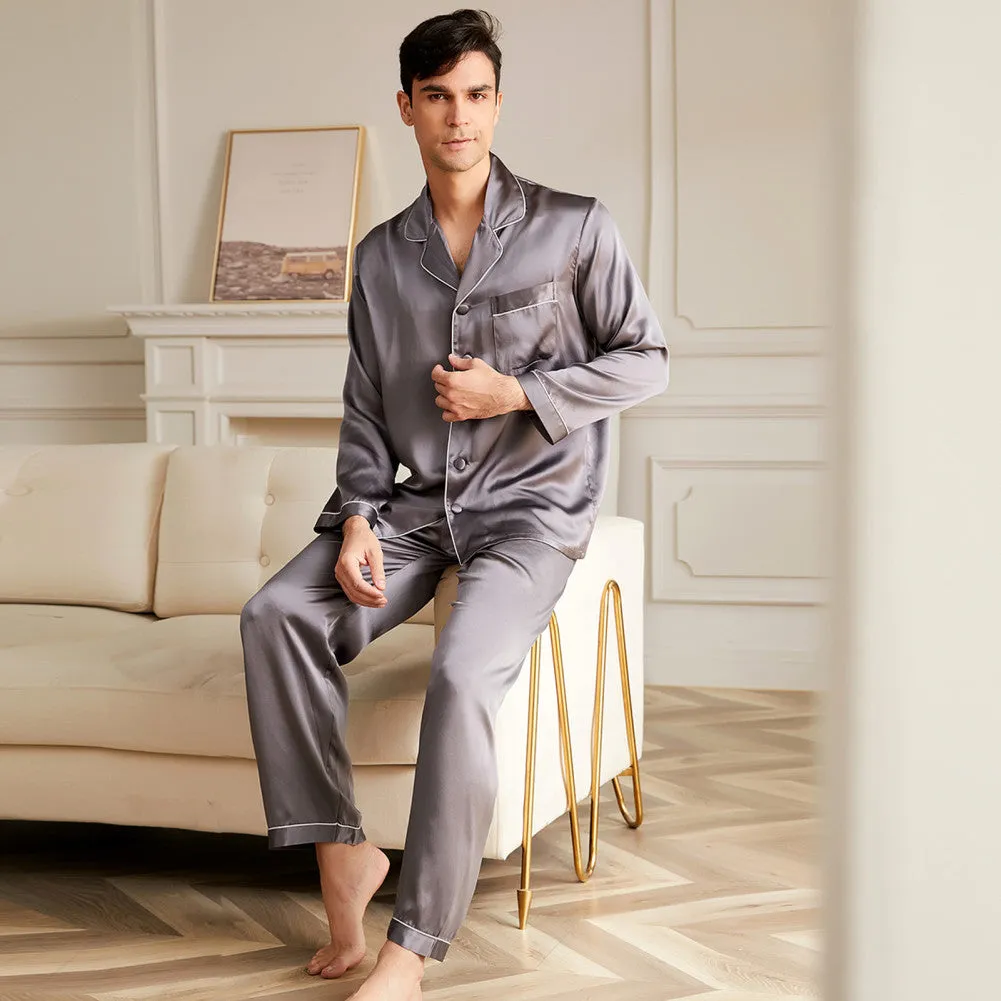 19 Momme Men's V Neck Lapel Collar Silk Pajamas Set