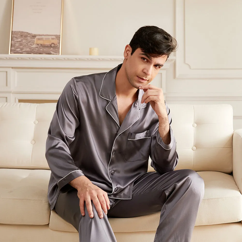 19 Momme Men's V Neck Lapel Collar Silk Pajamas Set