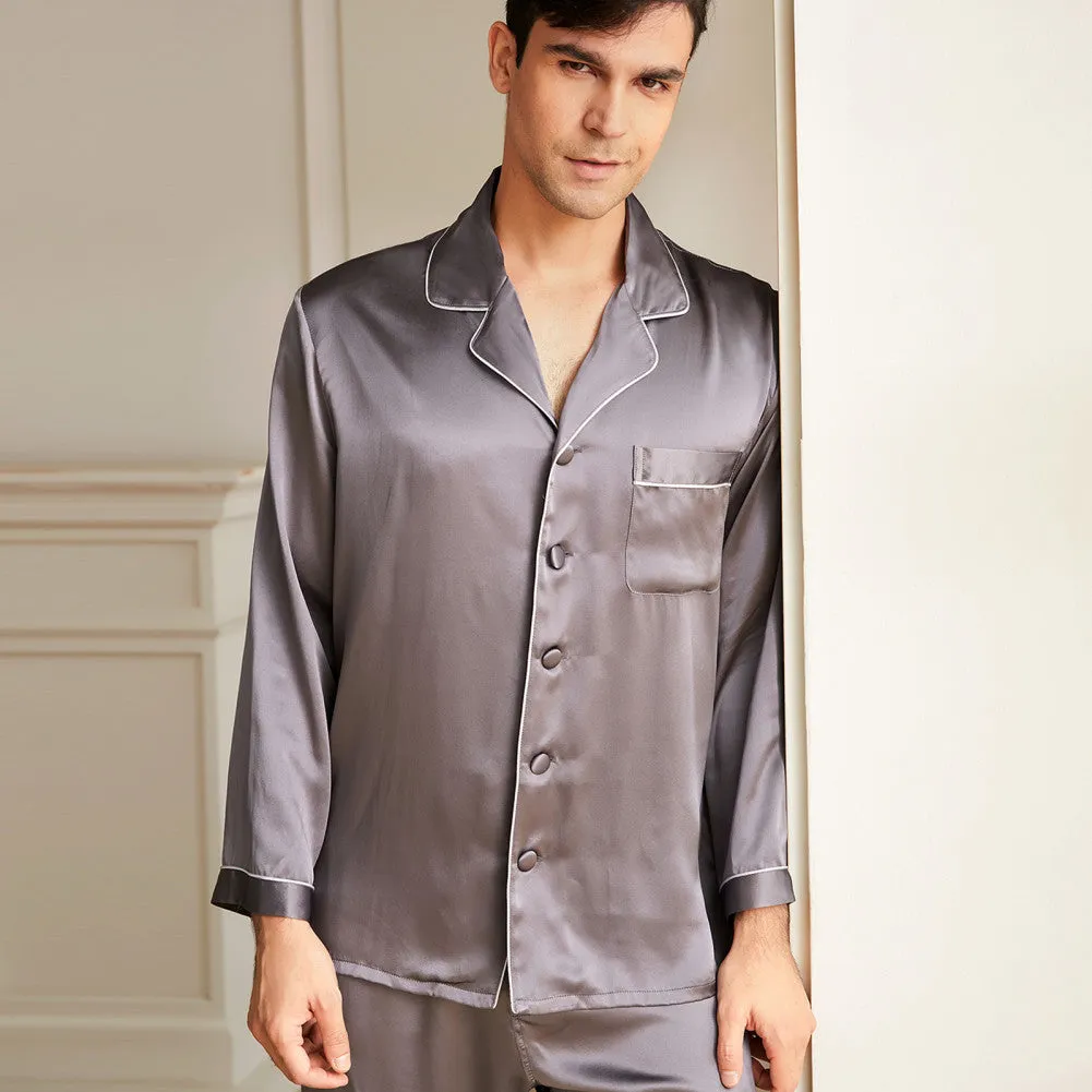 19 Momme Men's V Neck Lapel Collar Silk Pajamas Set