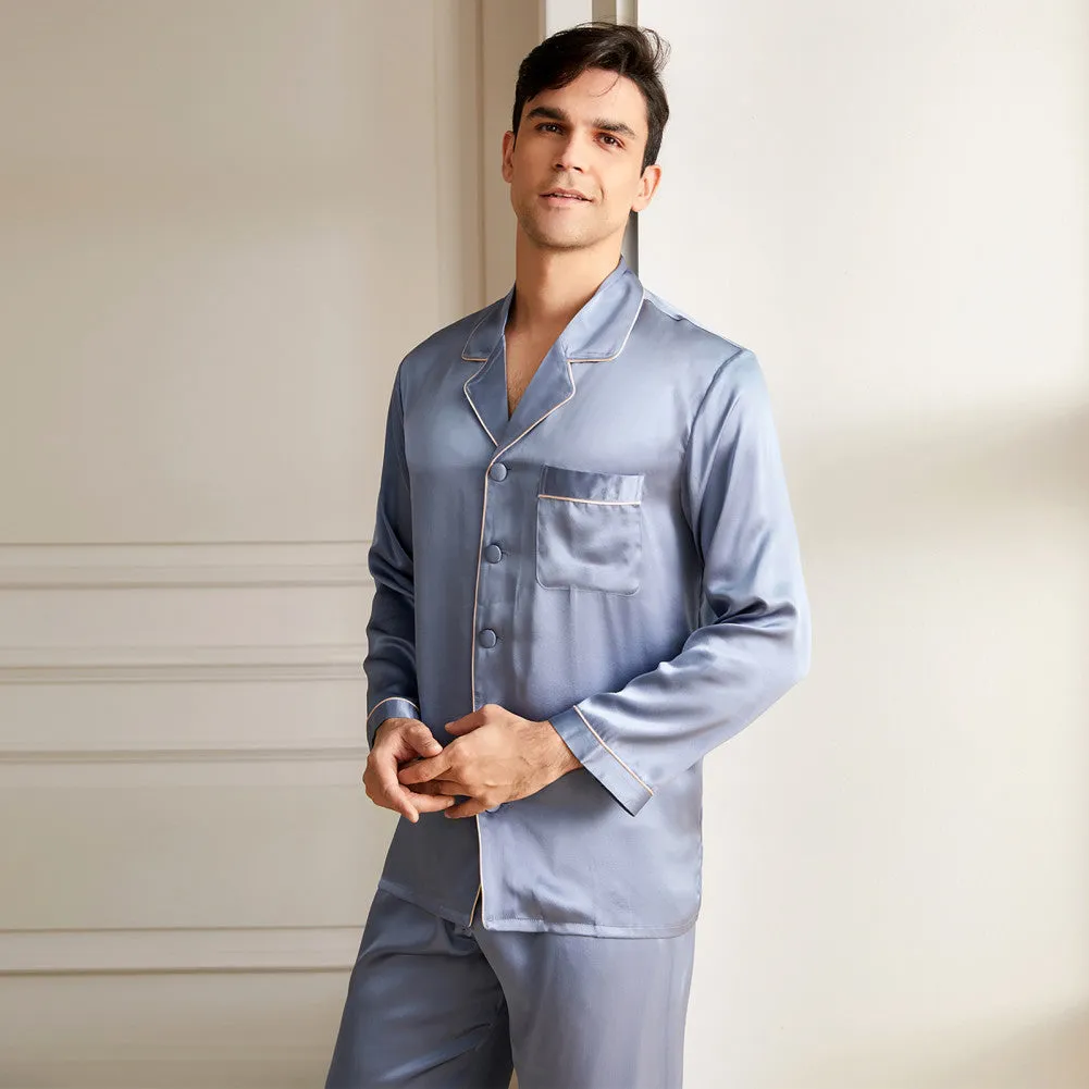 19 Momme Men's V Neck Lapel Collar Silk Pajamas Set