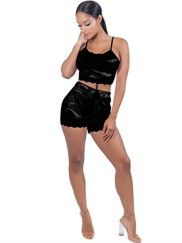 2 piece Satin Spaghetti Strap Camisole Shorts Pajama Set