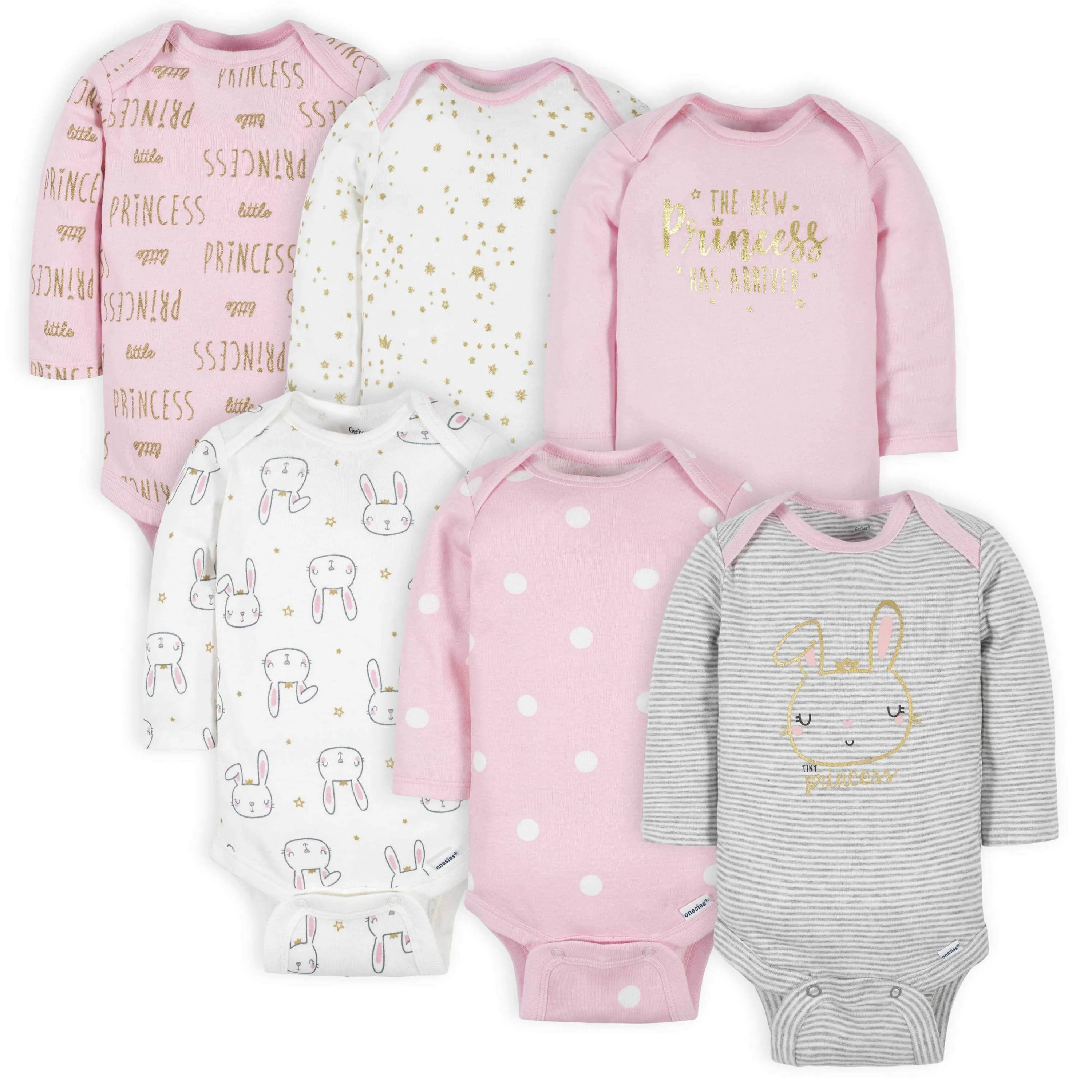 6-Pack Baby Girls Princess Long Sleeve Onesies® Bodysuits