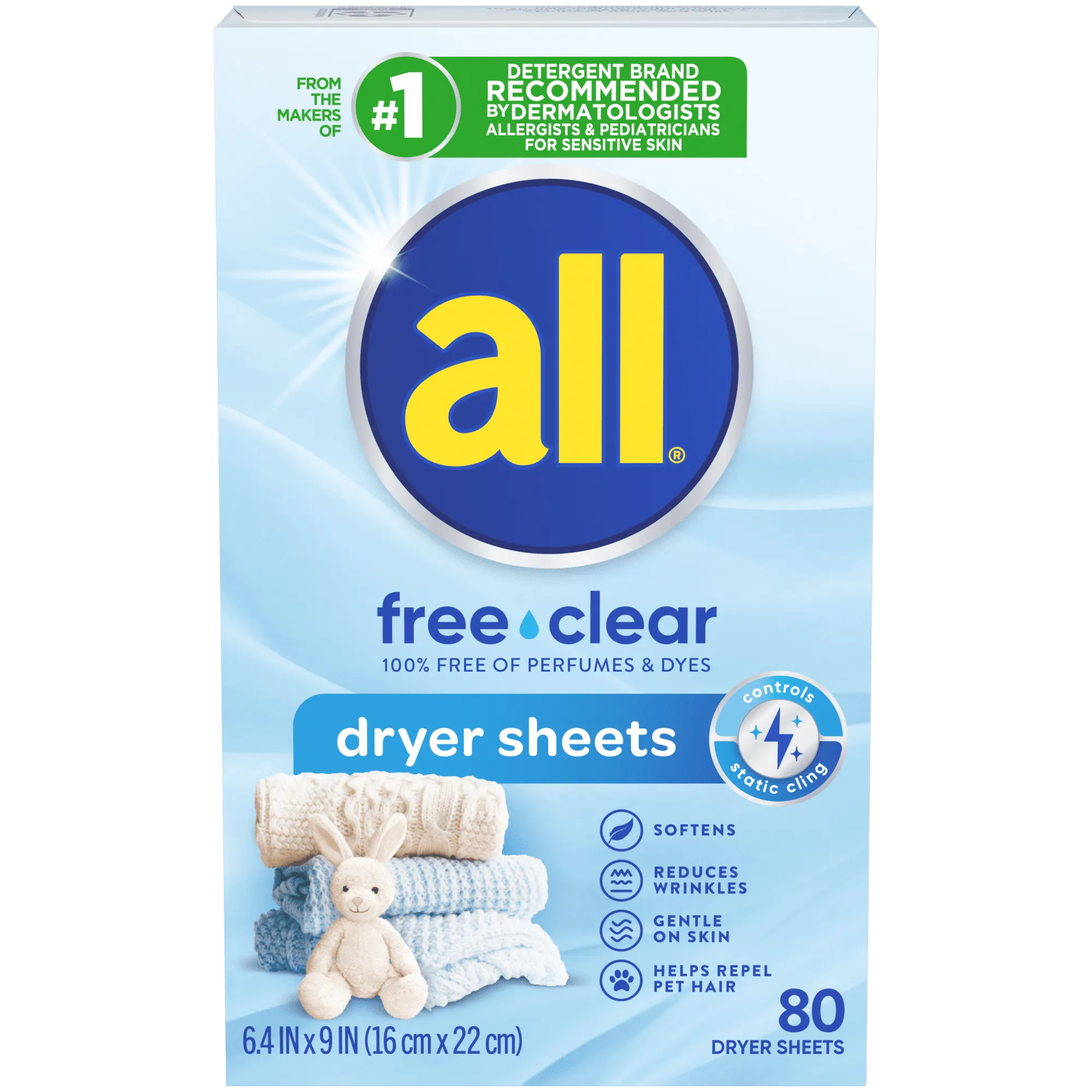 all Fabric Softener Dryer Sheets for Sensitive Skin, Free Clear, 80 Count