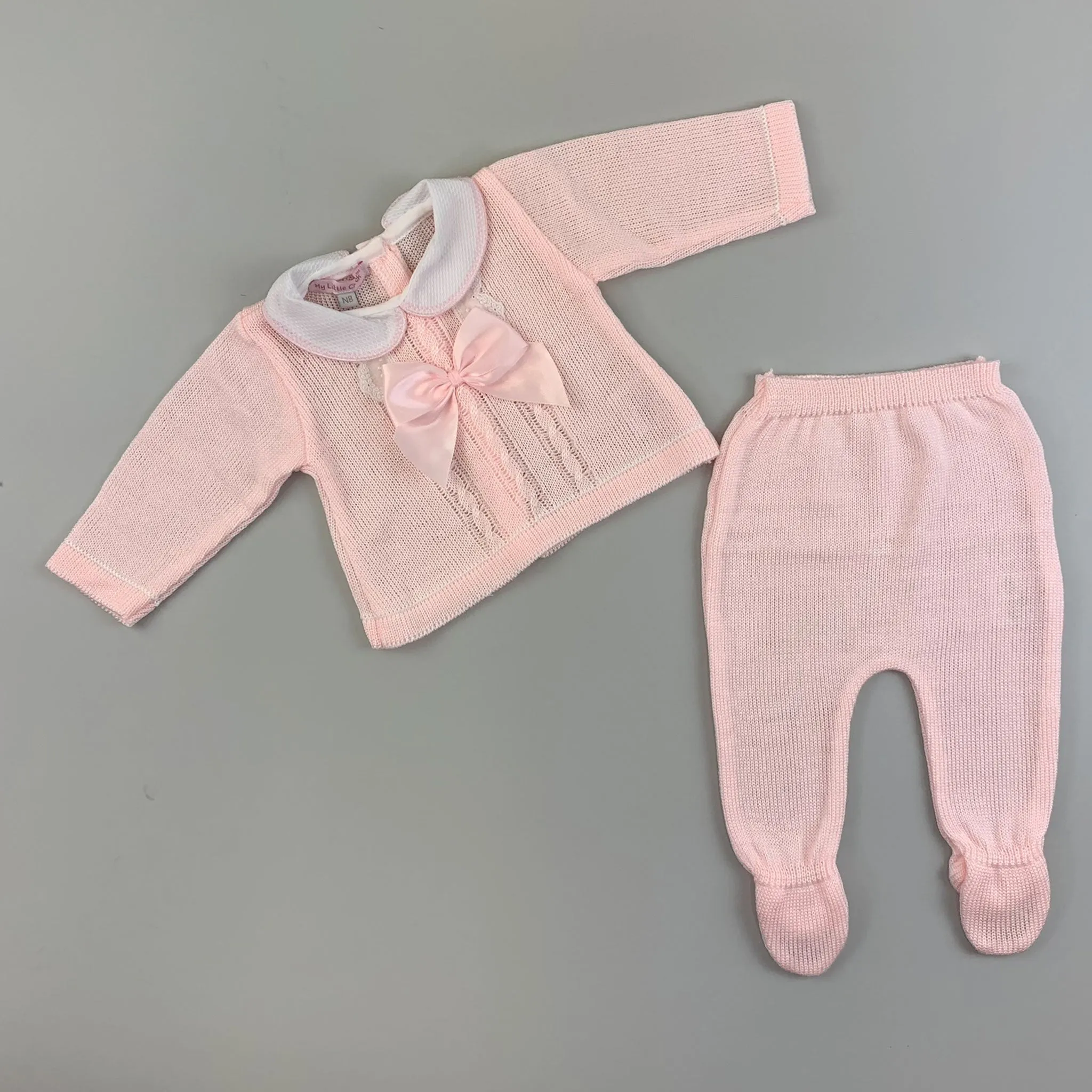 Baby Girls Cable Knitted Outfit Satin Bow - Pink