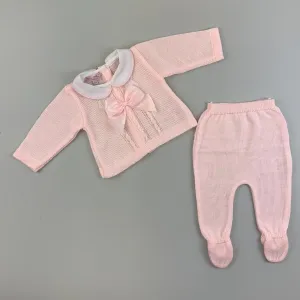 Baby Girls Cable Knitted Outfit Satin Bow - Pink