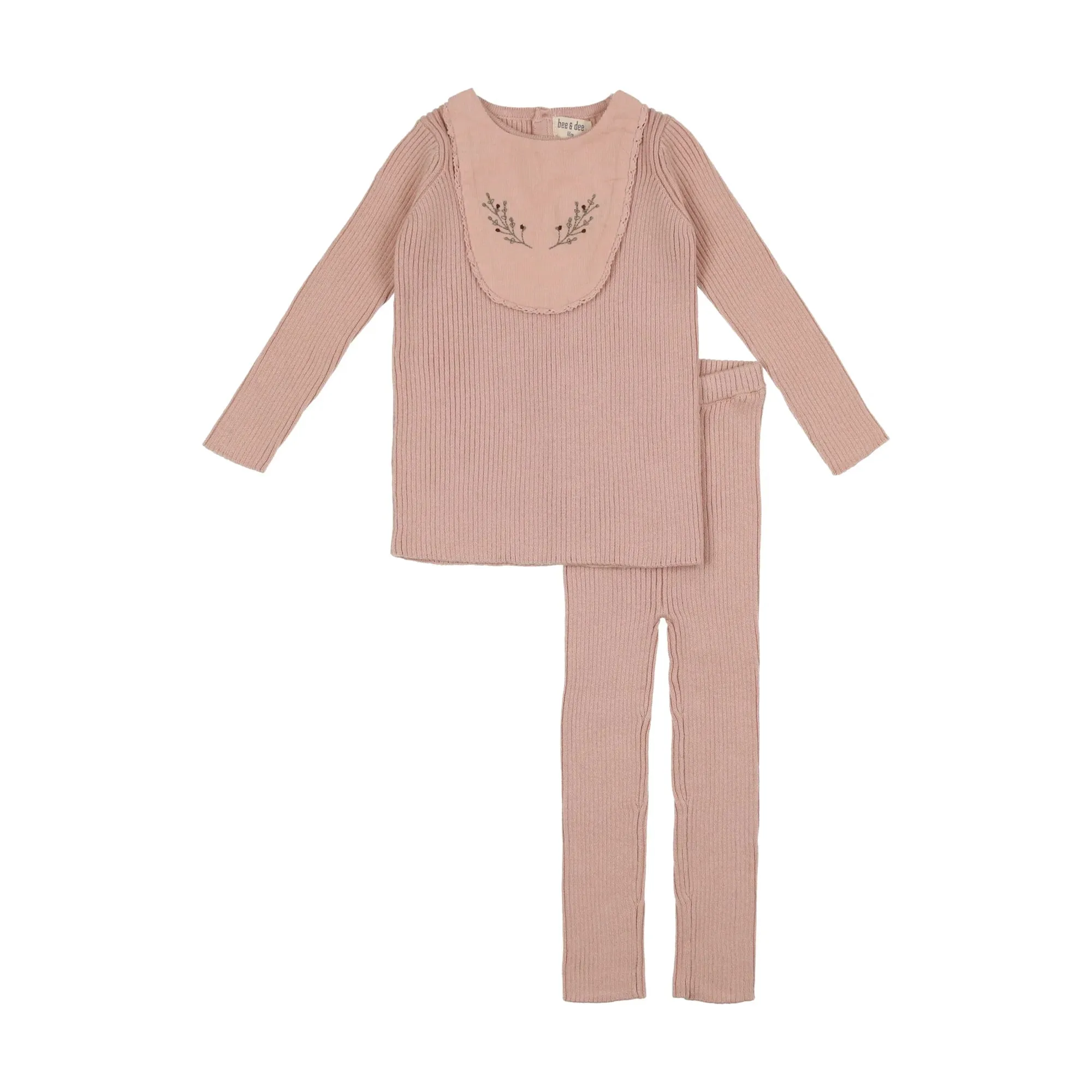 Bee & Dee Sand Pink Knit Embroidered Bib Outfit