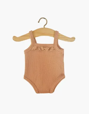 Bodysuit with straps in brown sugar ribbed knit and lace