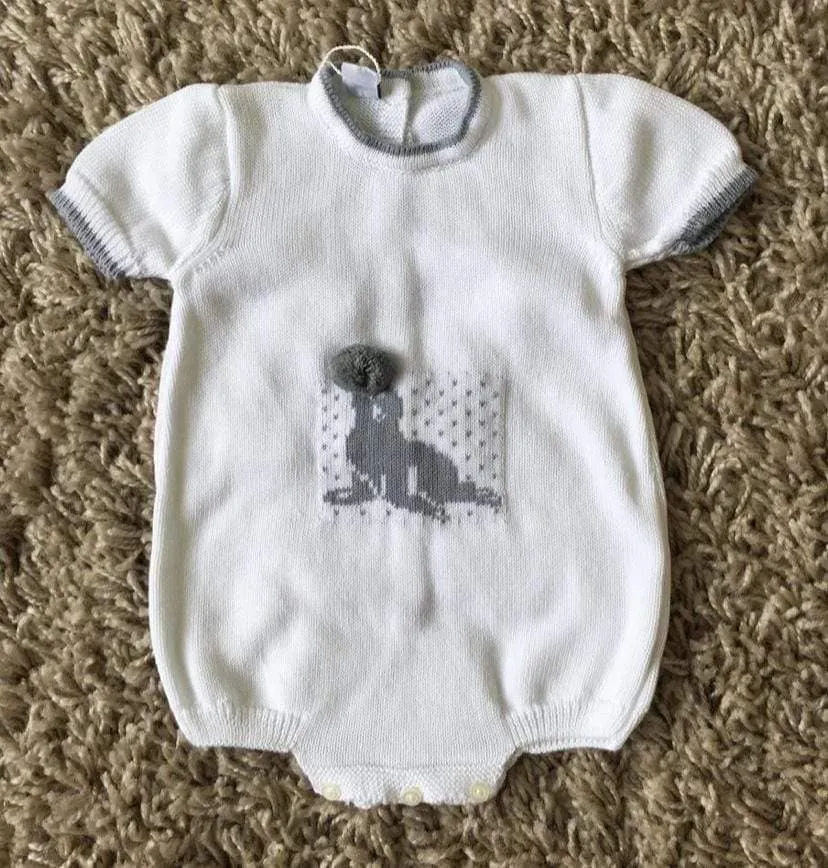 CLEARANCE DEAL - Pangasa Baby - Baby Boys White & Grey Knitted Romper Suit