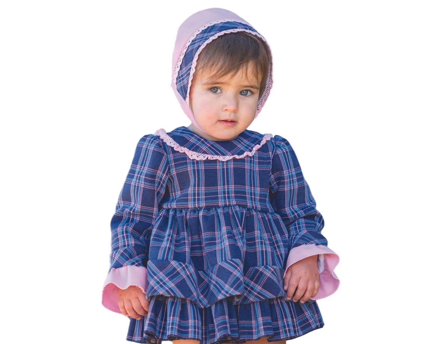 CLEARANCE SALE DBB Collection - Baby Girl's Navy & Pink Check Dress, Knickers & Bonnet Set