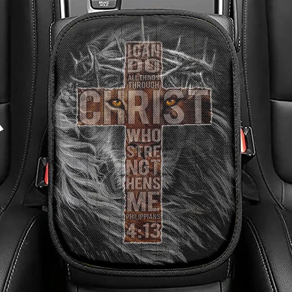 Cross Black Lion I Can Do All Things Through Christ Seat Box Cover, Christian Car Center Console Cover, Bible Verse Car Interior Accessories