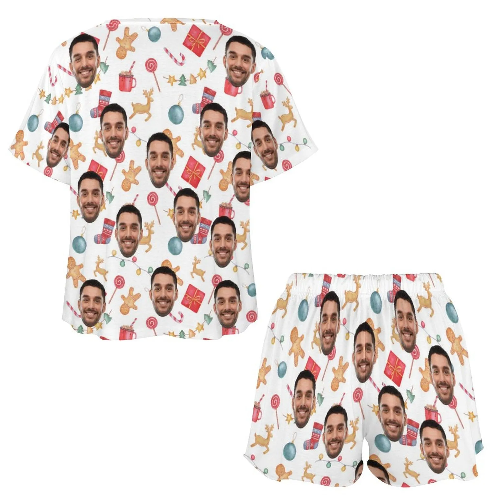 Custom Face Cartoon Pattern Print Pajama Set Women's Short Sleeve Top and Shorts Loungewear Athletic Tracksuits