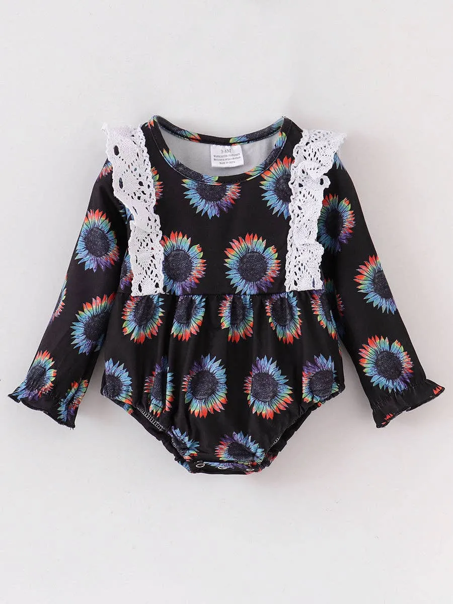 Eclipse Petals Romper: Black Sunflower Lace Ruffle Baby Romper