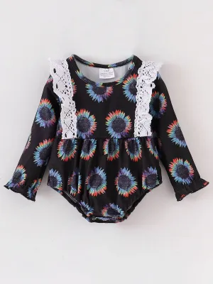 Eclipse Petals Romper: Black Sunflower Lace Ruffle Baby Romper