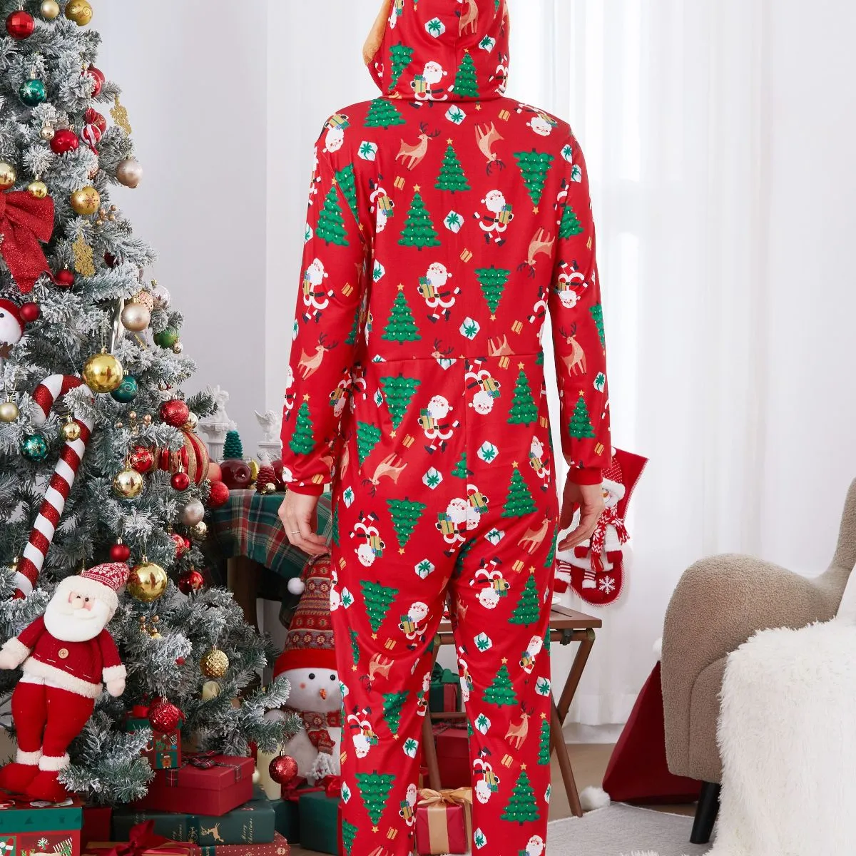 Family Matching Christmas Onesie Pajama Christmas Tree Santa Allover Rudolph Hooded Sleepwear