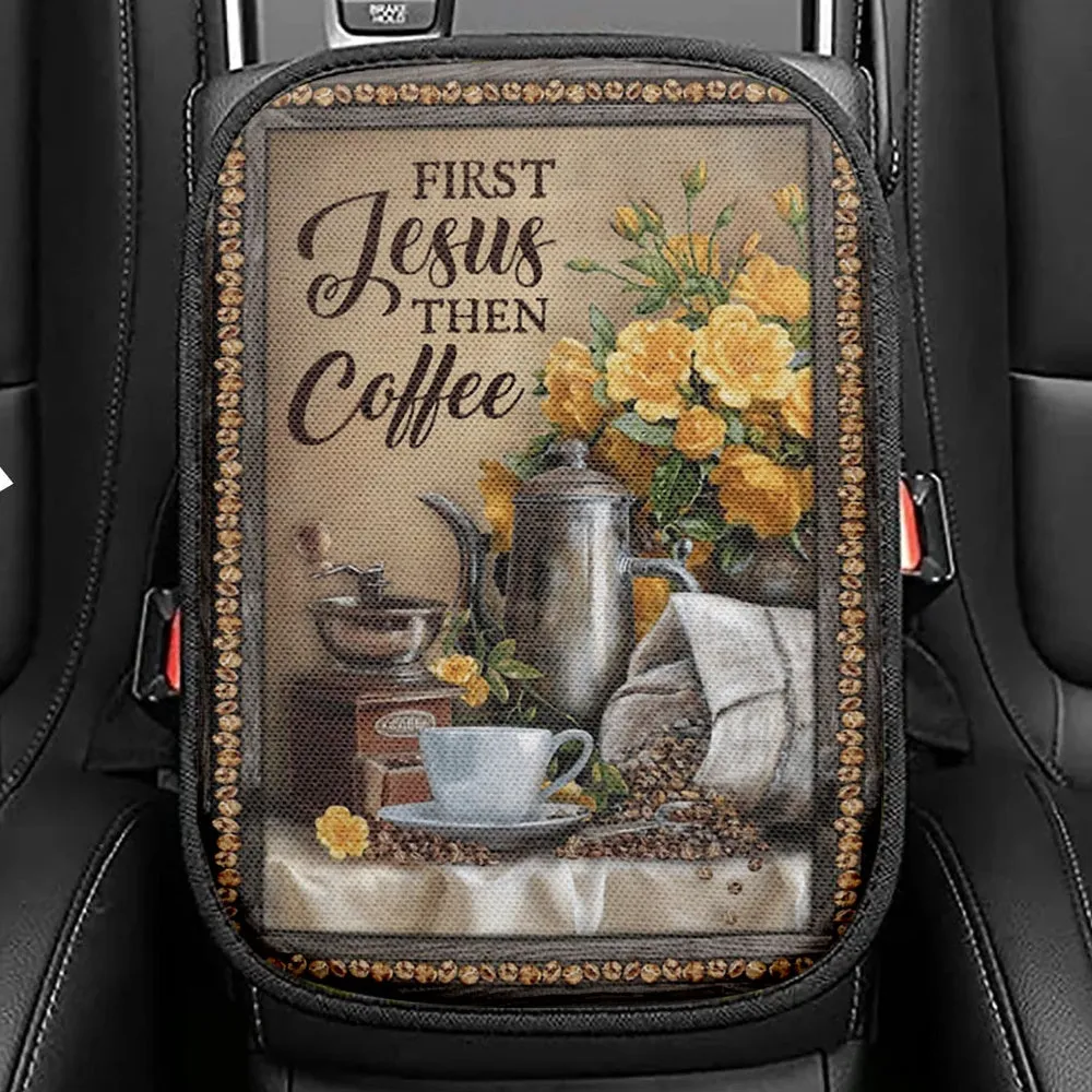 First Jesus Then Coffee Flower Cafe Cup Seat Box Cover, Christian Car Center Console Cover, Religious Car Interior Accessories