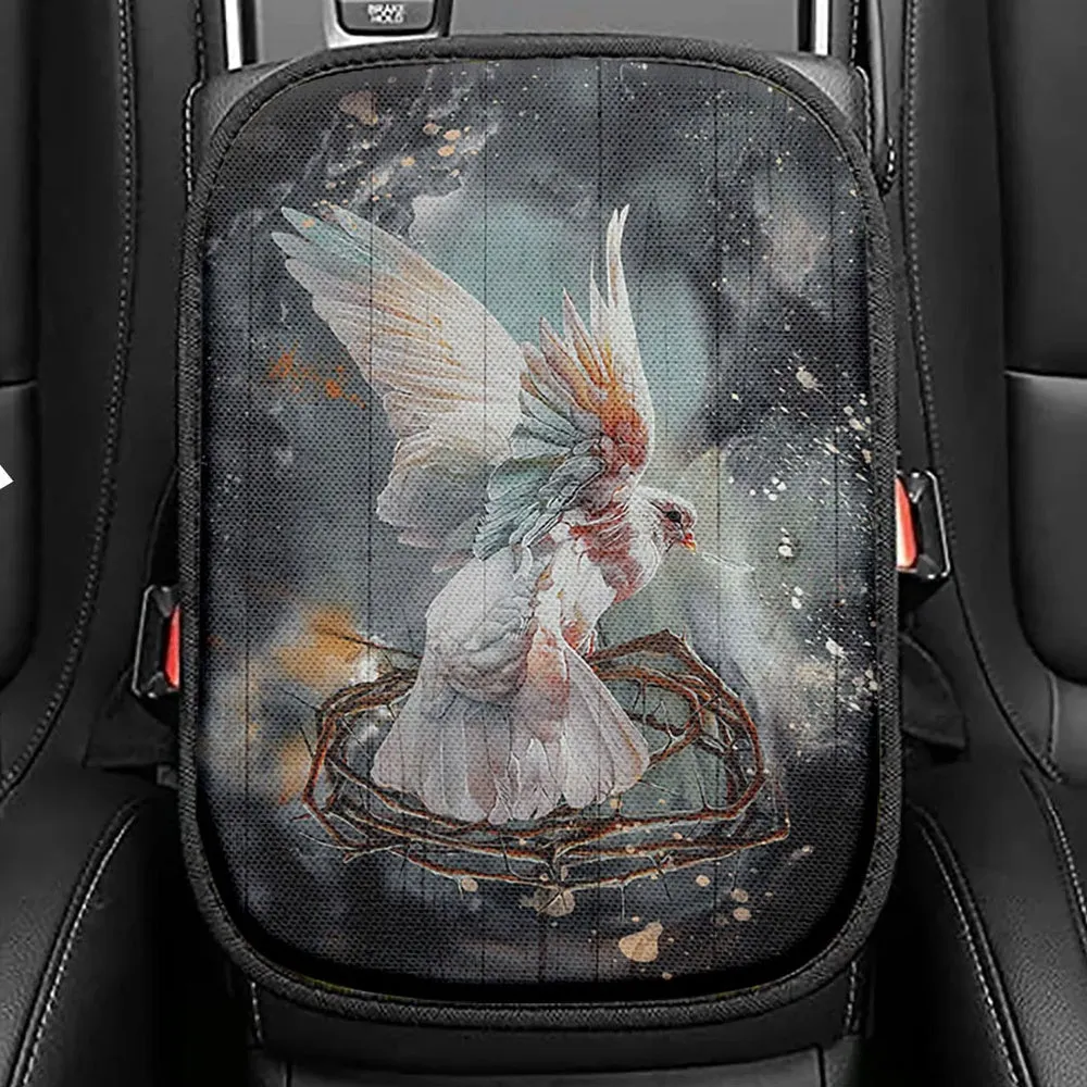 Flying Dove Crown Of Thorn Storm Background Seat Box Cover, Bible Verse Car Center Console Cover, Christian Inspirational Car Interior Accessories