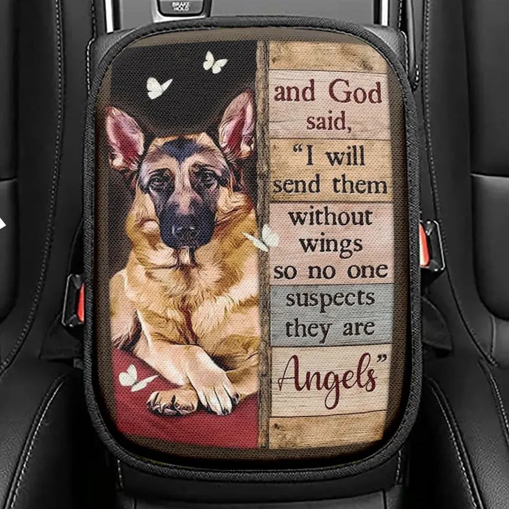 German Shepherd Drawing I Will Send Them Without Wings Car Center Console Cover, Christian Armrest Seat Cover, Bible Seat Box Cover