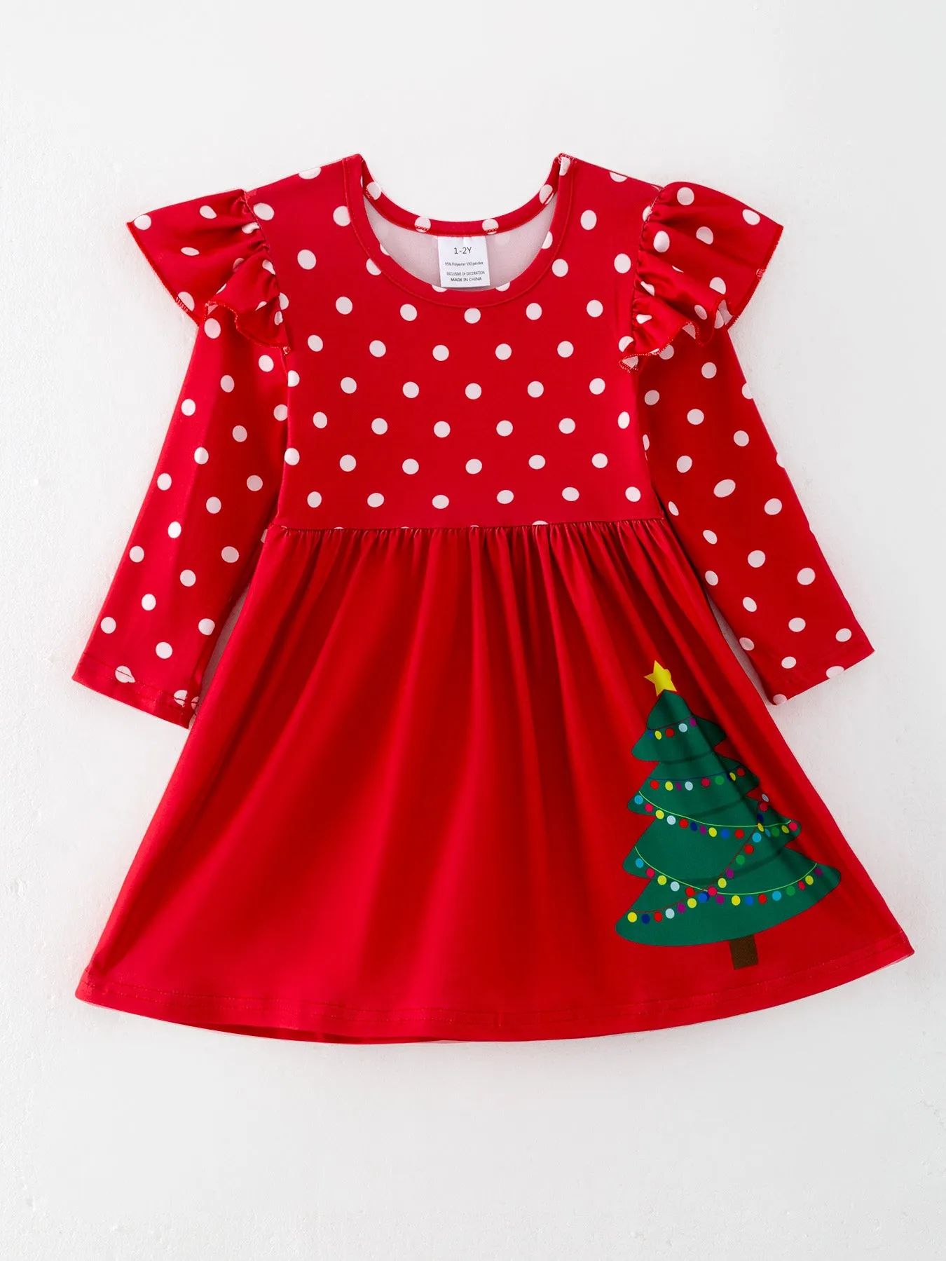 Girls Christmas Christmas Tree Print Polka Dot Dress