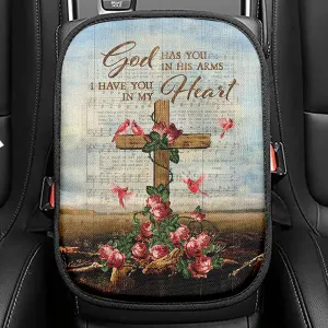 God Has You In His Arms Seat Box Cover, Red Rose Cardinal Wooden Cross Car Center Console Cover, Bible Verse Car Interior Accessories