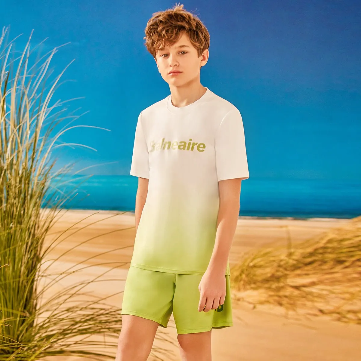 Gradient Logo Featured Boy Green Two Piece Tankini Set