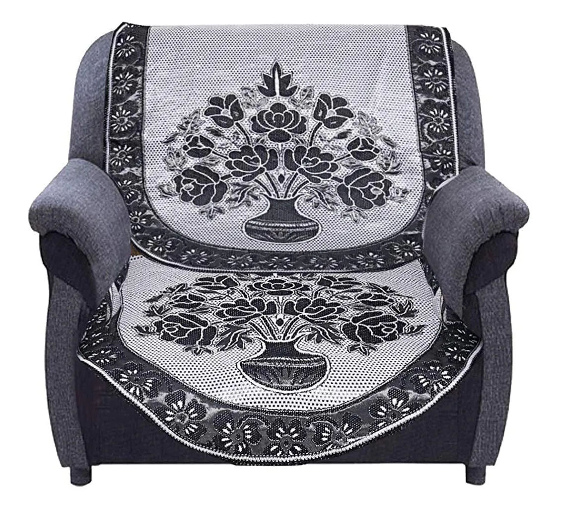 Heart Home Luxurious Cotton Flower Design 5 Seater Sofa Cover Set for Living Room (Black), Standard (HS_36_HEARTH018365)