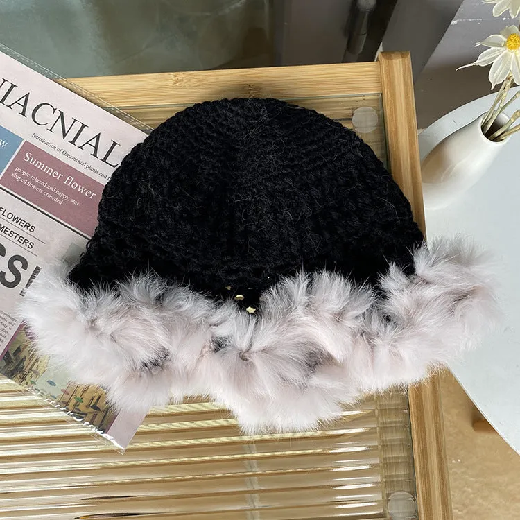 Hollow fisherman hat women autumn and winter hand-woven warm woolen basin hat sweet rabbit fur hat