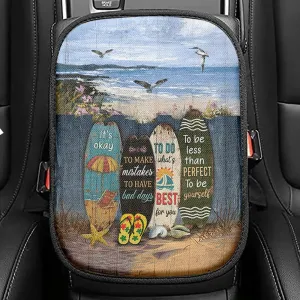 It's Okay To Make Mistakes Beach Scene Gulls Seagulls Starfish Seat Box Cover, Christian Car Center Console Cover, Bible Verse Car Armrest Cover