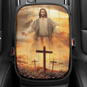 Jesus Cross, Three Wooden Crosses, Daisy Field, Heaven Sky Car Center Console Cover, Christian Armrest Seat Cover, Bible Seat Box Cover