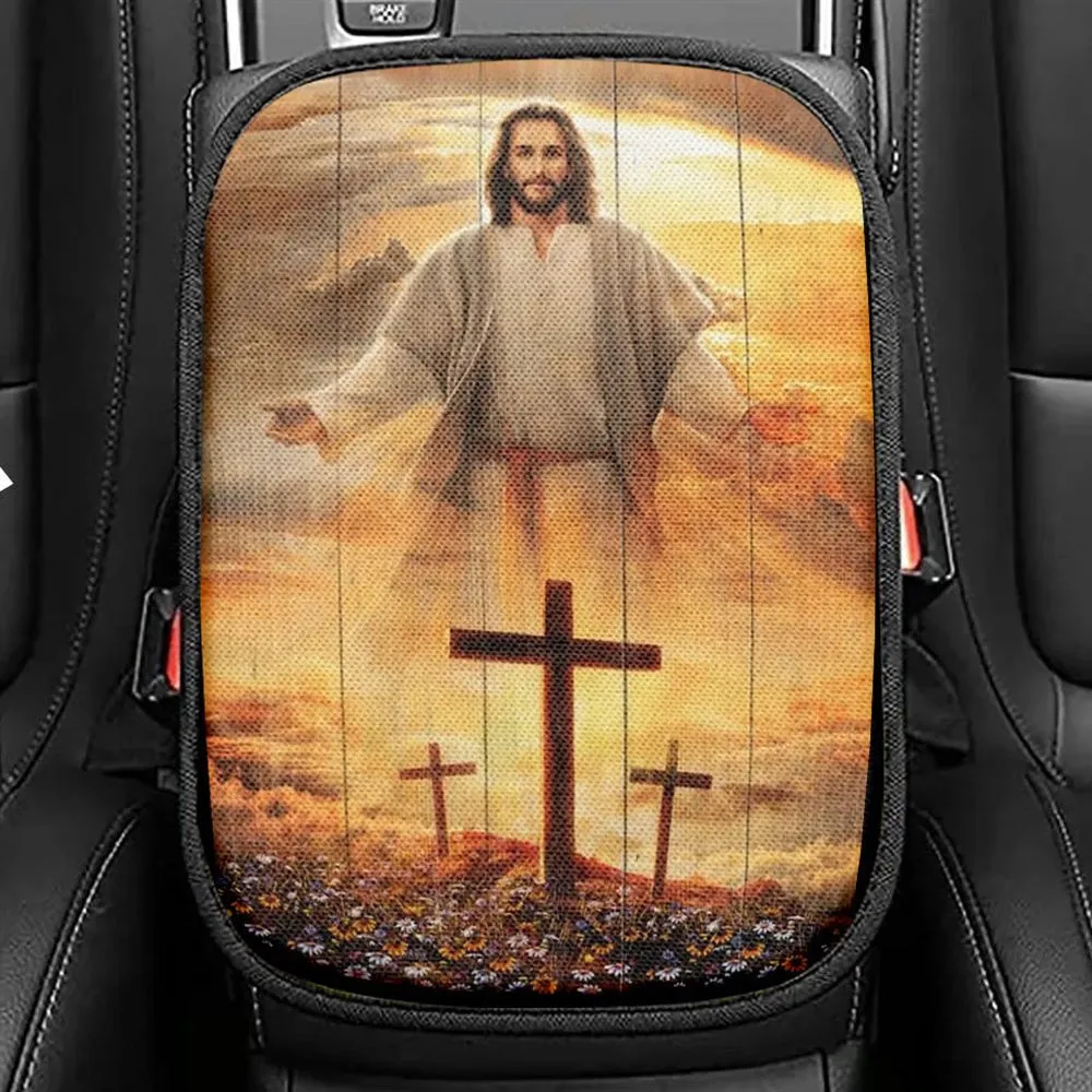 Jesus Cross, Three Wooden Crosses, Daisy Field, Heaven Sky Car Center Console Cover, Christian Armrest Seat Cover, Bible Seat Box Cover