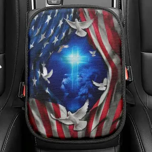 Jesus Lion American Flag Of Faith Seat Box Cover, Bible Verse Car Center Console Cover, Scripture Interior Car Accessories