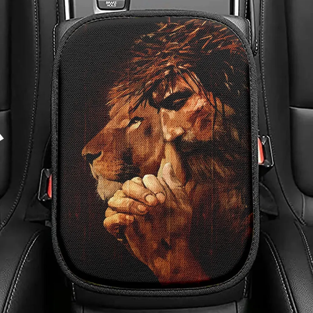 Jesus Praying And Lion Seat Box Cover, Jesus Portrait Car Center Console Cover, Christian Car Interior Accessories