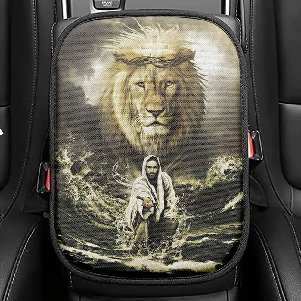 Jesus Reaching In The Water Jesus Lion Seat Box Cover, Bible Verse Car Center Console Cover, Scripture Car Interior Accessories