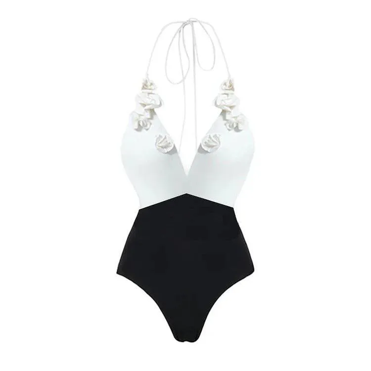 Julia Criss Cross Colorblock Knitted Flower Applique One Piece Swimsuit