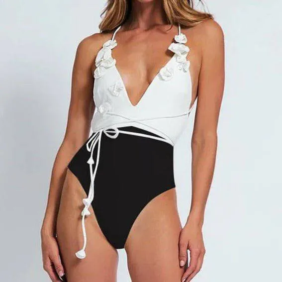 Julia Criss Cross Colorblock Knitted Flower Applique One Piece Swimsuit