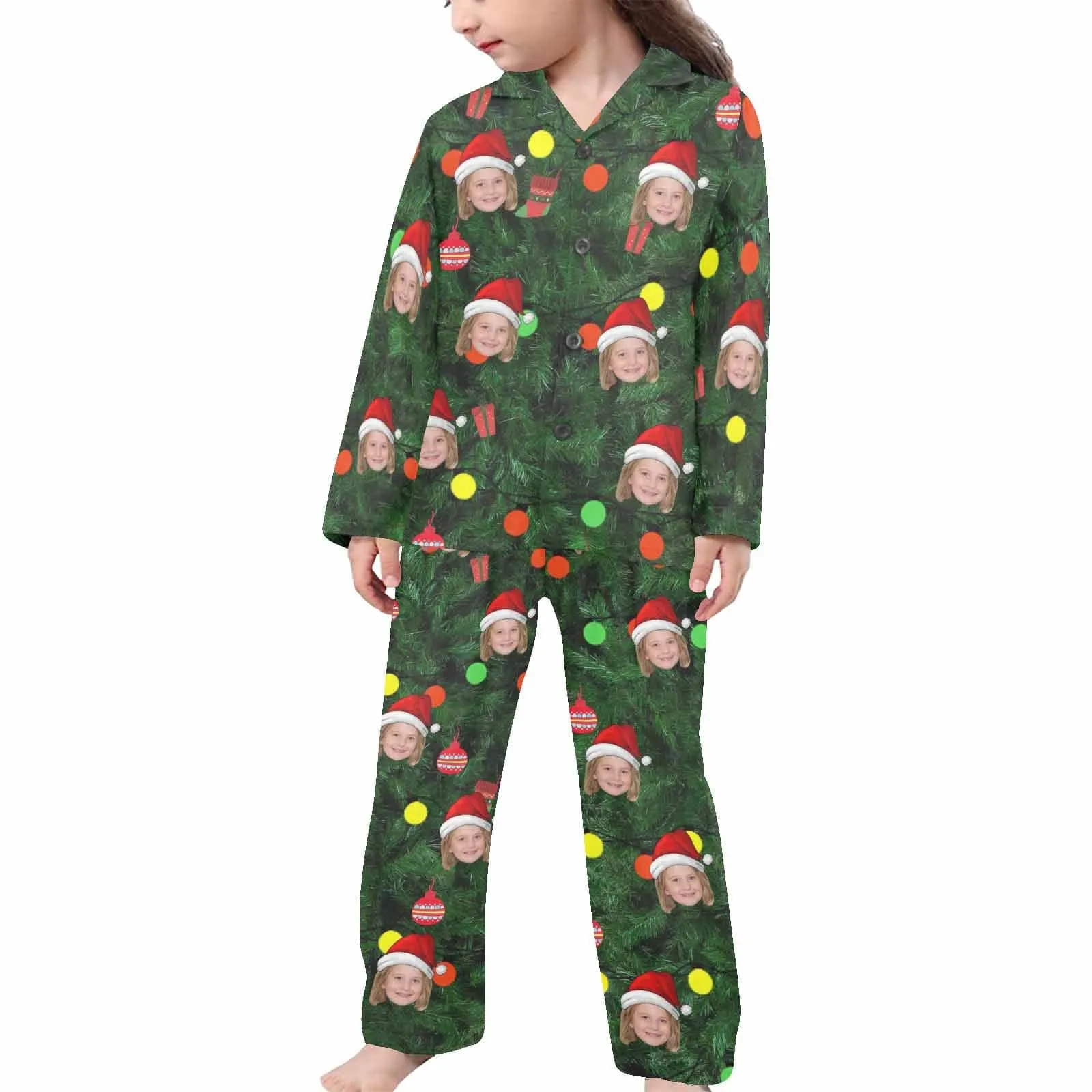 Kid's Christmas Pajamas Green Custom Sleepwear with Face Christmas Red Hat Personalized Pajama Set For Boys&Girls 2-15Y