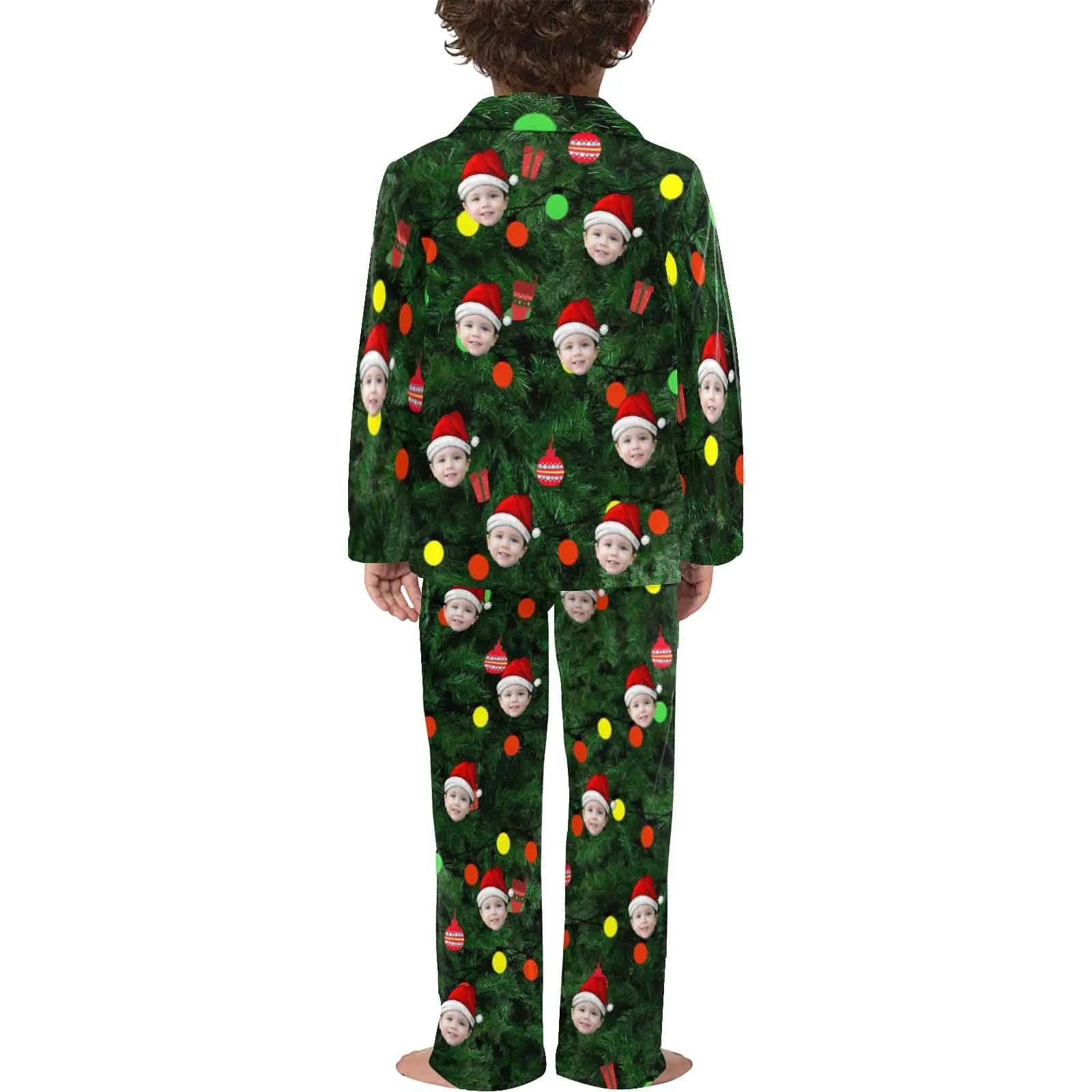 Kid's Christmas Pajamas Green Custom Sleepwear with Face Christmas Red Hat Personalized Pajama Set For Boys&Girls 2-15Y