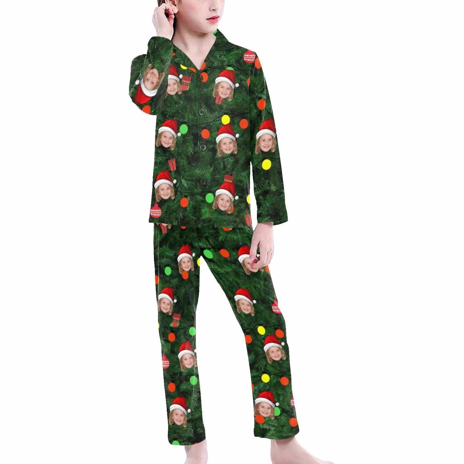 Kid's Christmas Pajamas Green Custom Sleepwear with Face Christmas Red Hat Personalized Pajama Set For Boys&Girls 2-15Y