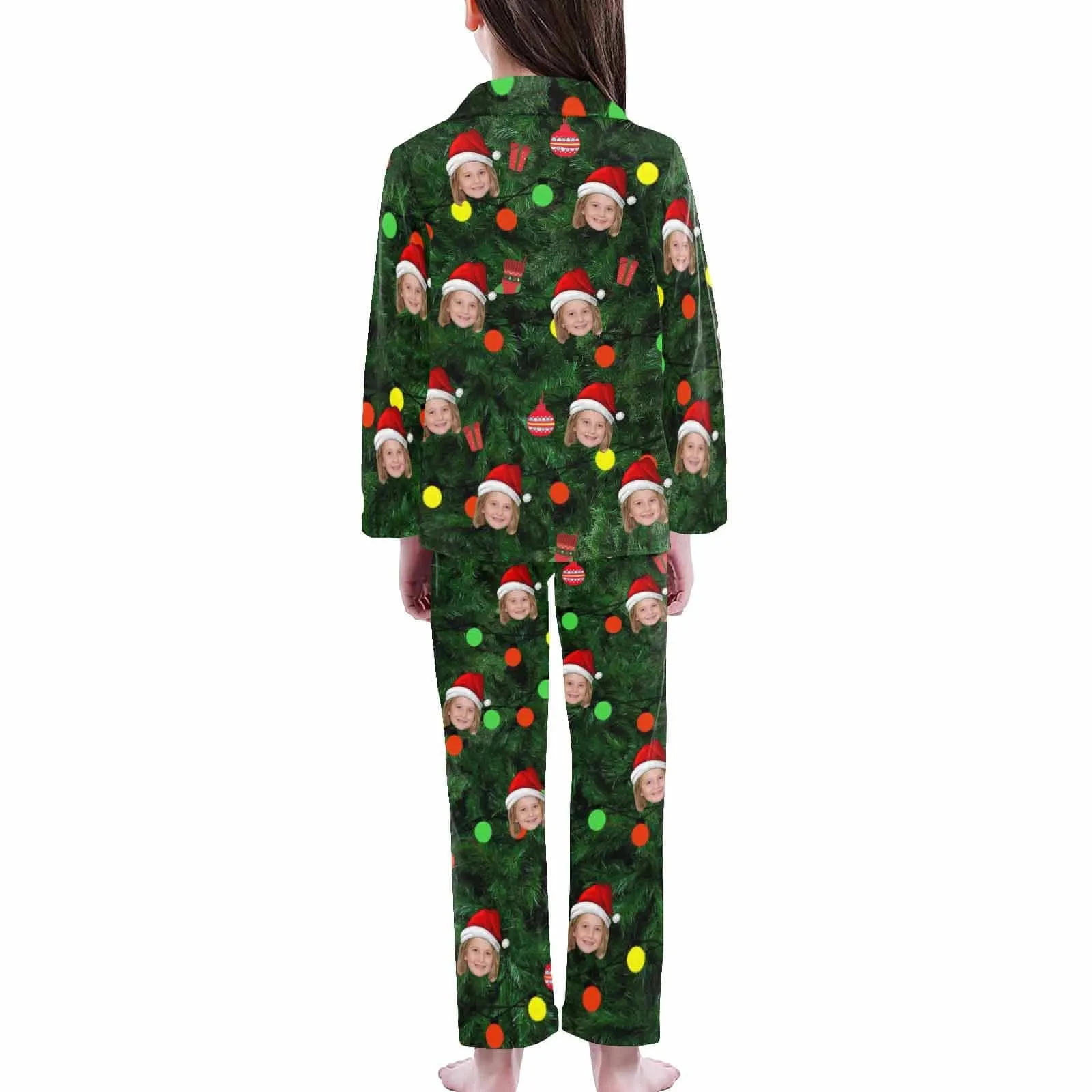 Kid's Christmas Pajamas Green Custom Sleepwear with Face Christmas Red Hat Personalized Pajama Set For Boys&Girls 2-15Y