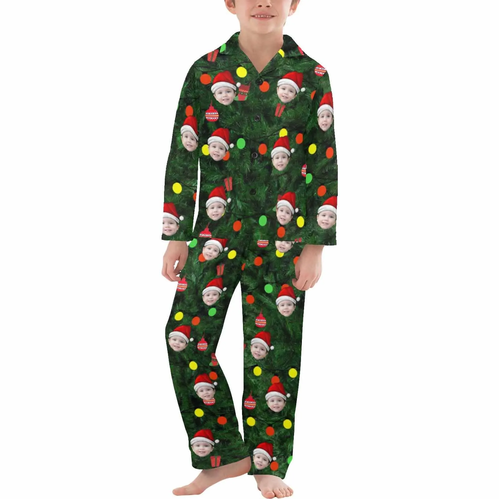 Kid's Christmas Pajamas Green Custom Sleepwear with Face Christmas Red Hat Personalized Pajama Set For Boys&Girls 2-15Y