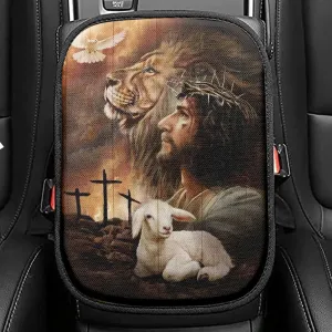 Lion Of Judah, Lamb Of God, Dove Of Peace, Beautiful Aspects Of God Car Center Console Cover, Christian Armrest Seat Cover, Bible Seat Box Cover