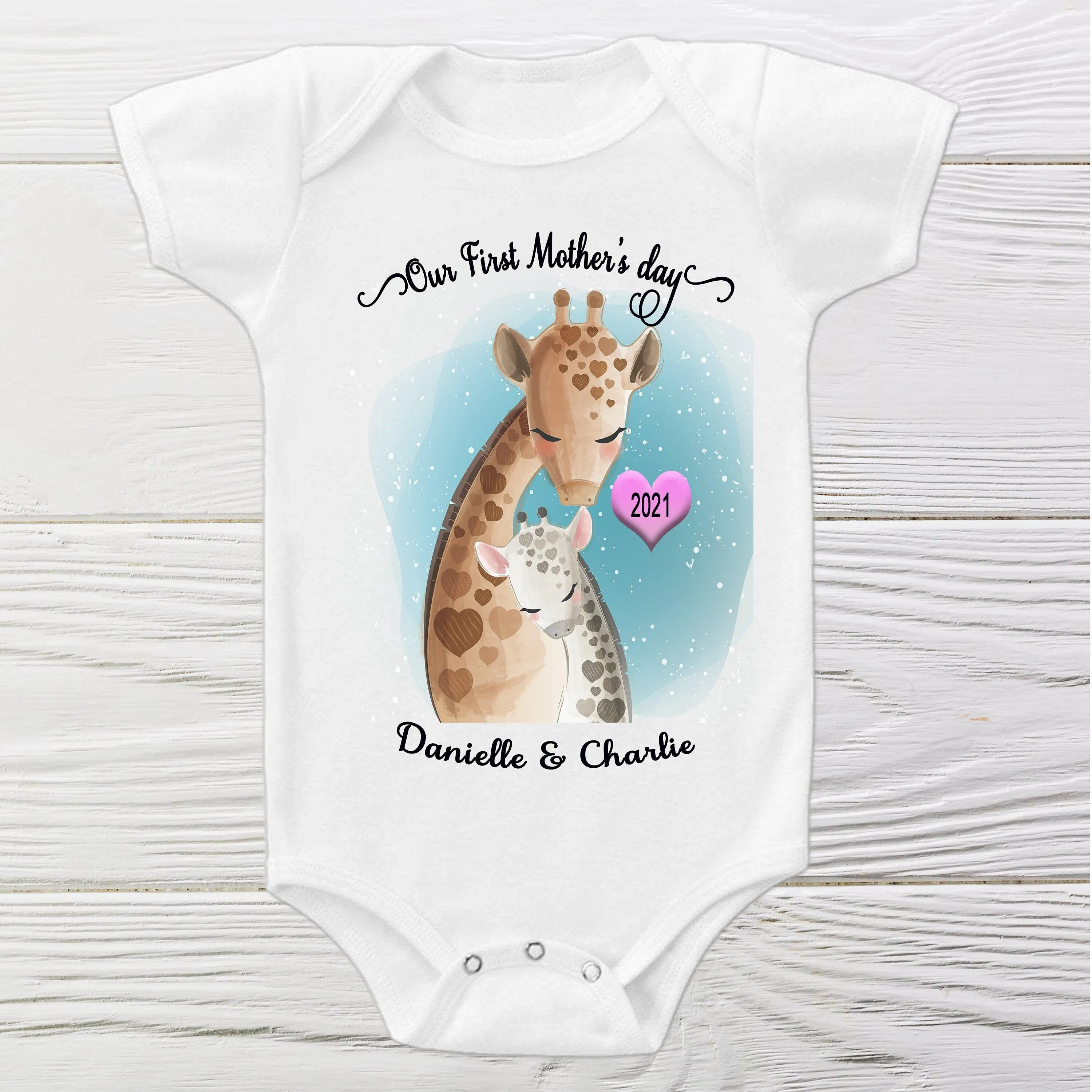 Our First Mothers day Onesie   Cute Giraffe baby personalized Onesie