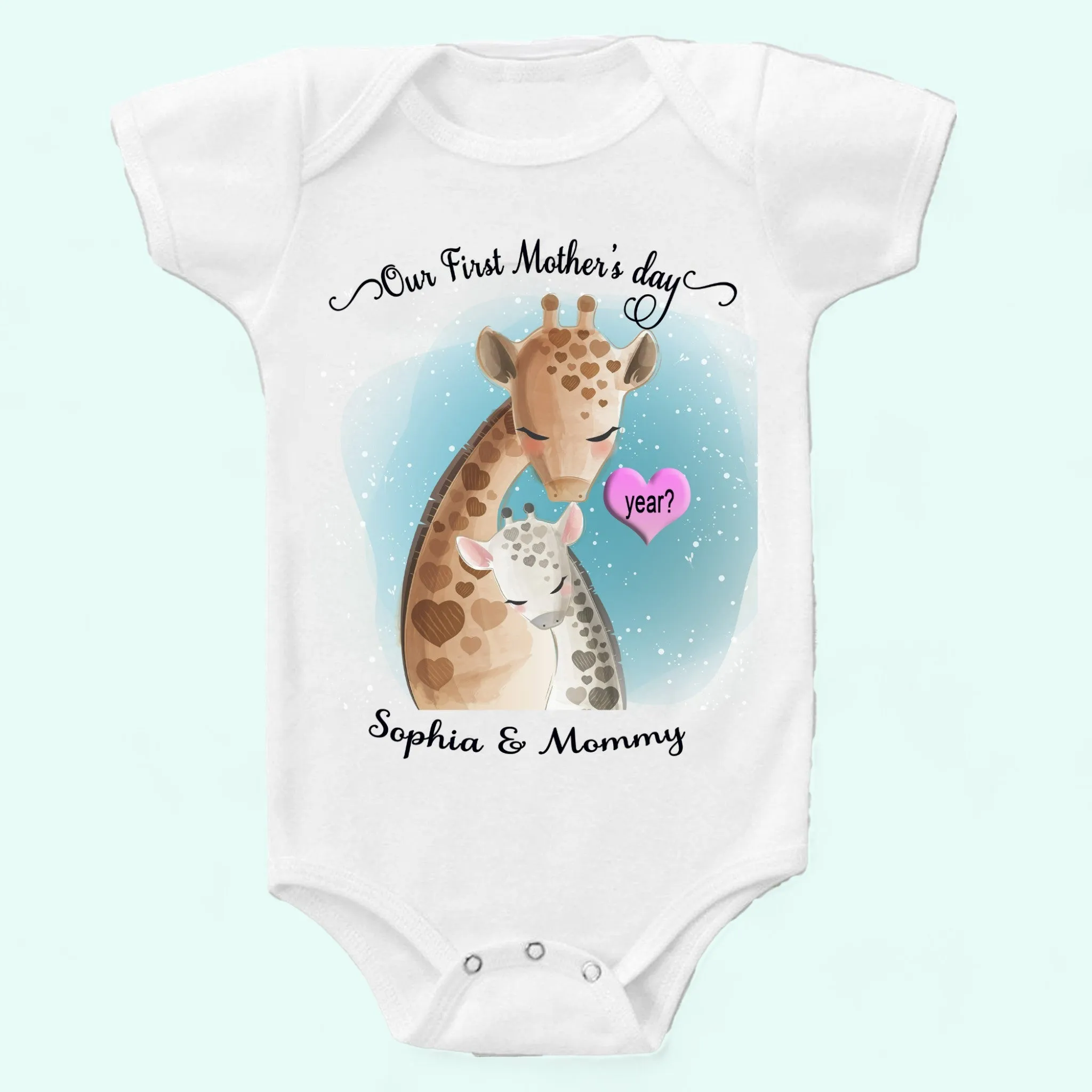 Our First Mothers day Onesie   Cute Giraffe baby personalized Onesie