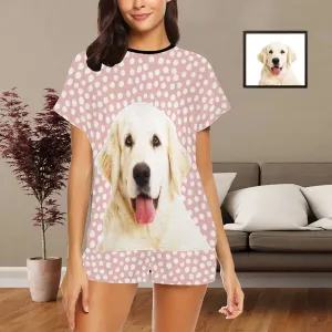 Personalized Pet Photo Pajamas Dots Pink Sleepwear Custom Women's Short Pajama Set with Pets Face