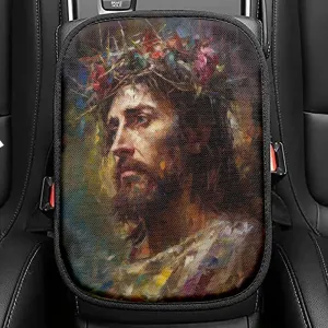 Power Jesus Christ Came To Rescue A Fishing Boat Seat Box Cover, Jesus Car Center Console Cover, Christian Car Interior Accessories