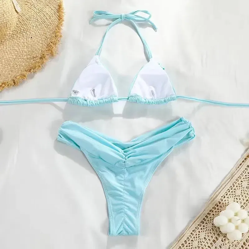 Sexy Micro Bikinis 2024 Women Halter Brazilian Bikini Set Female Pleated Swimsuit New Triangle Swimwear Beach Wear Bathing Suit